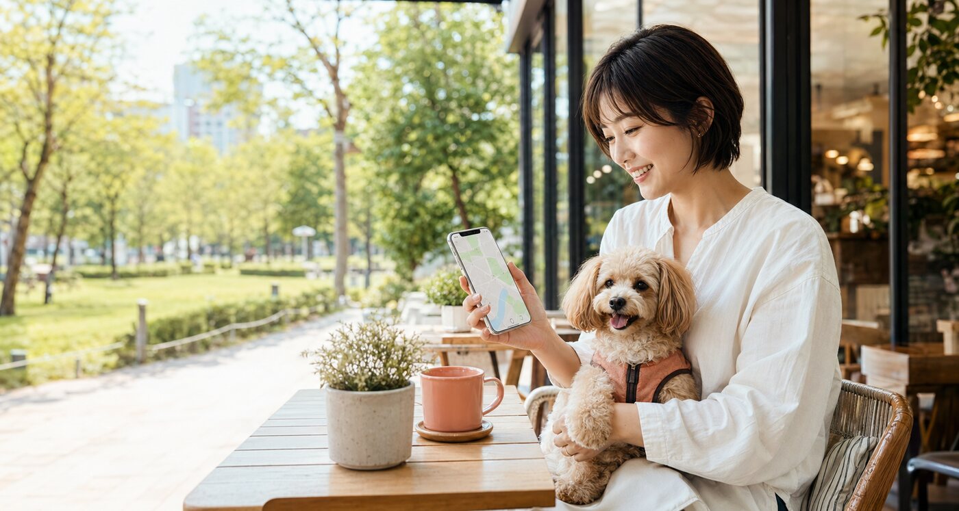 犬と飼い主がスマートフォンで地図を確認している様子